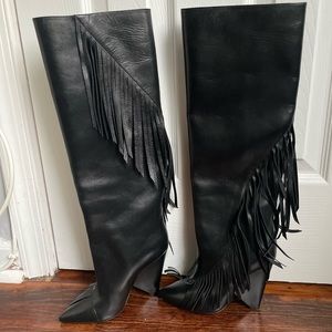 Yves Saint Laurent Black Leather Fringe Trim Accent Boots - Size 36